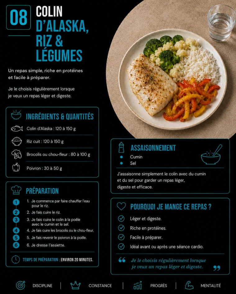 Aperçu d'une recette colin, riz et légumes
